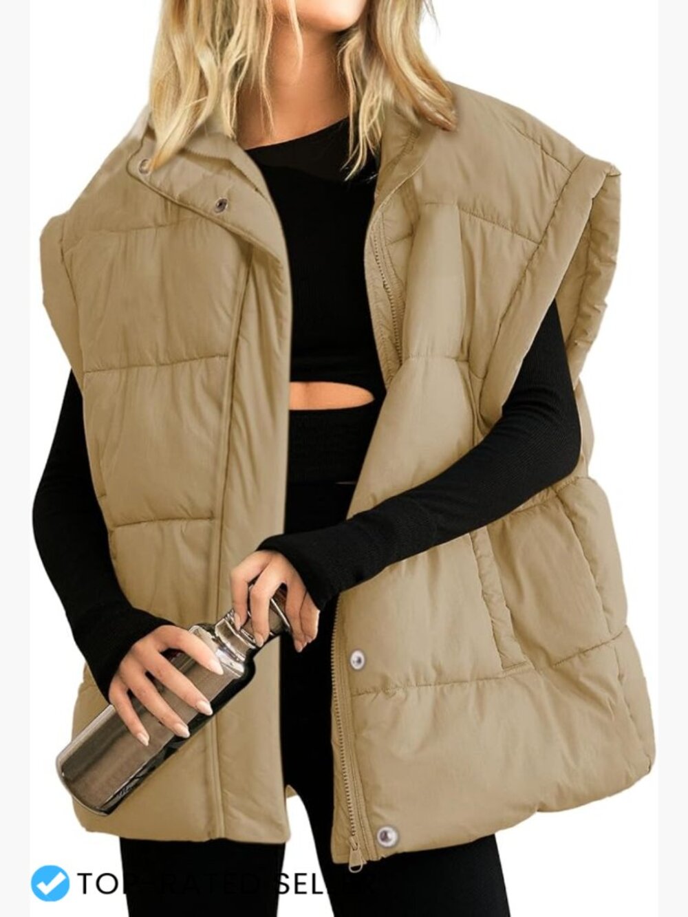 Oversized Quilted Puffer Vest Sleeveless Full Zip Modern Warm Winter Layer